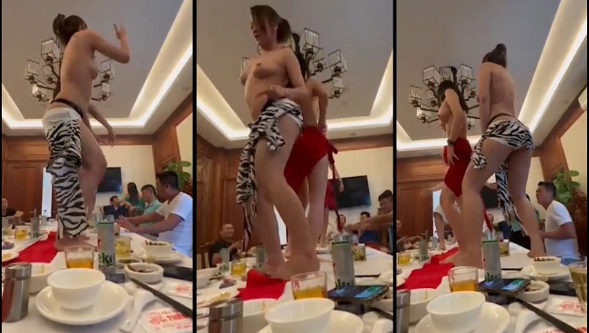 Đẳng cấp sếp lớn ăn nhậu . Tiếp viên xinh tươi múa thoát ý lắc vú cho các bô lão giải trí . Cách chơi của dân lắm tiền